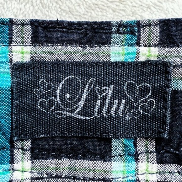 Lilu Bermuda Shorts | Black, Teal & White Plaid | Size 5 | Cotton | Y2K | Women - Picture 11 of 13